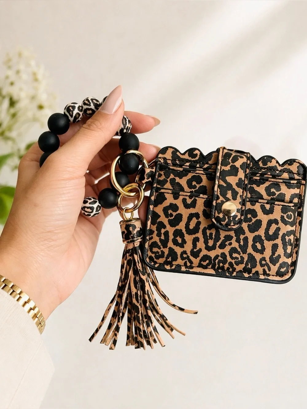 Leopard Print Card Holder Keychain with Tassel Bracelet - Brown/Black